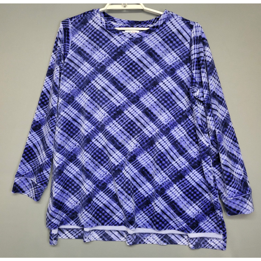 Denim & Co Shirt Womens 1X Blue Purple‎ Plaid Tunic Long Sleeve Stretch Pockets